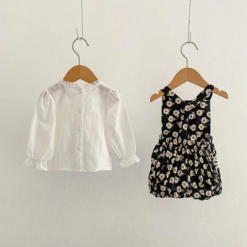 長袖セットアップ ベビーセットアップ 2点セット 長袖フリルブラウス+ショートオーバーオール サロペットバルーンパンツ【mh0006495】