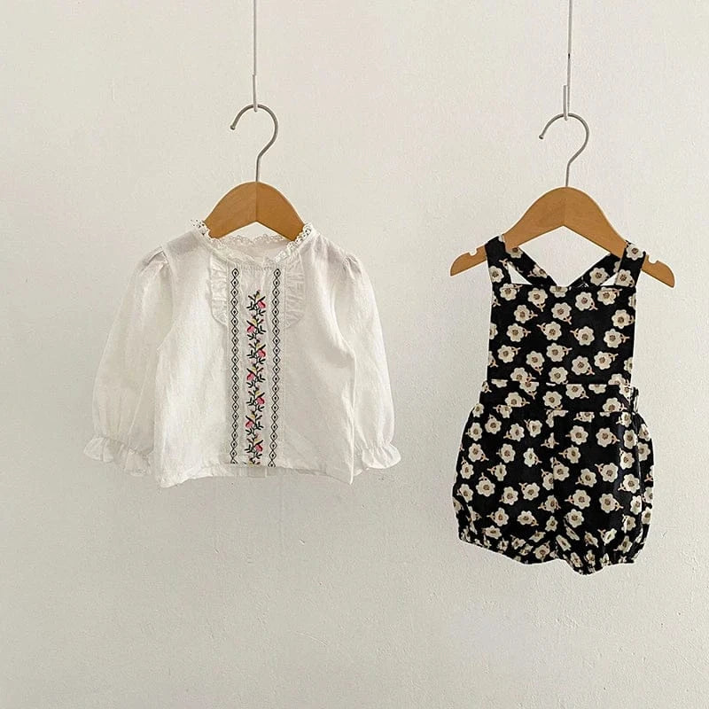 長袖セットアップ ベビーセットアップ 2点セット 長袖フリルブラウス+ショートオーバーオール サロペットバルーンパンツ【mh0006495】