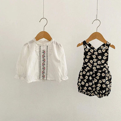 長袖セットアップ ベビーセットアップ 2点セット 長袖フリルブラウス+ショートオーバーオール サロペットバルーンパンツ【mh0006495】