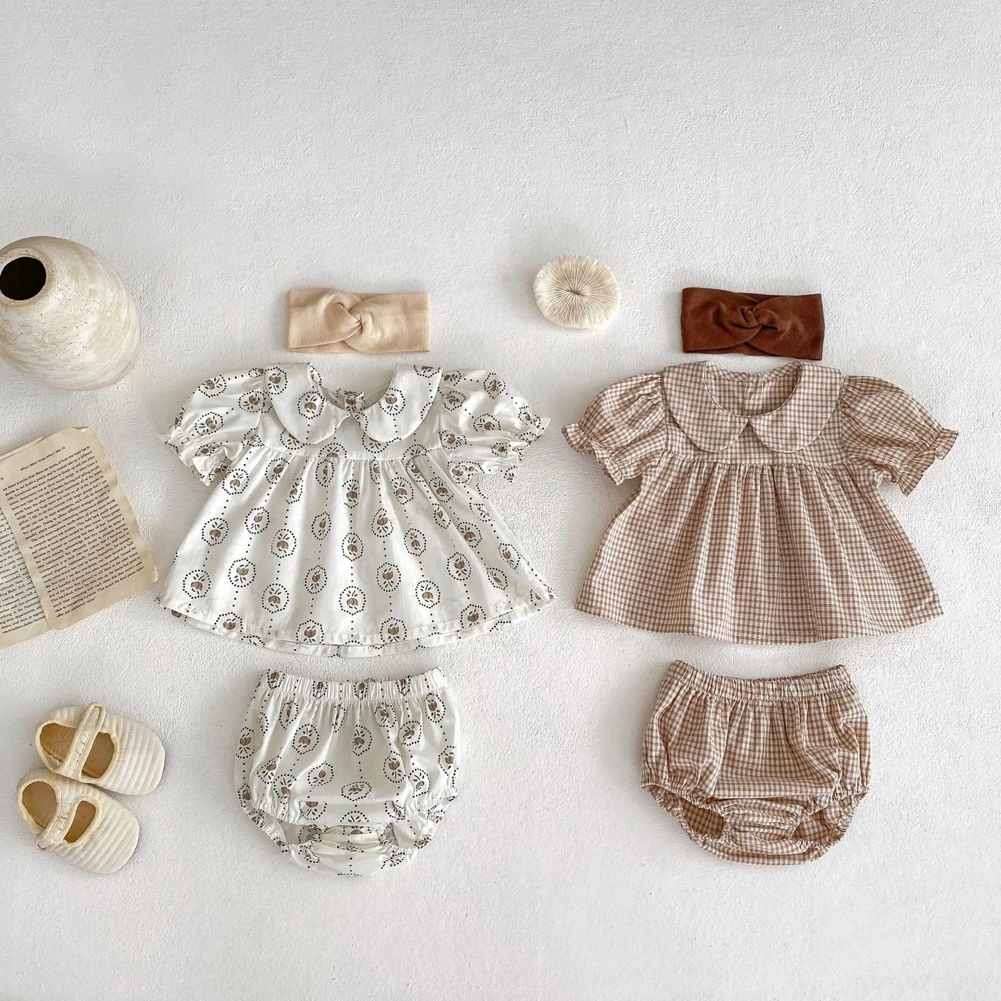 半袖セットアップ ベビーセットアップ 2点セット 半袖パフスリーブ 丸襟チュニックブラウス+ブルマパンツ チェック/フラワー花柄プリント【mh0006515】