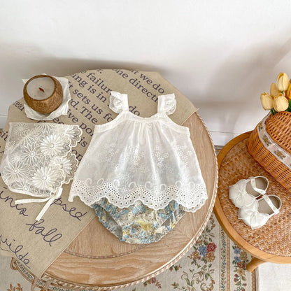 ノースリーブセットアップ ベビーセットアップ 2点セット ノースリーブレースチュニックブラウス+フラワープリントブルマパンツ【mh0006518】