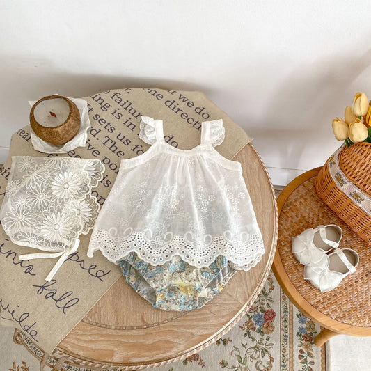 ノースリーブセットアップ ベビーセットアップ 2点セット ノースリーブレースチュニックブラウス+フラワープリントブルマパンツ【mh0006518】