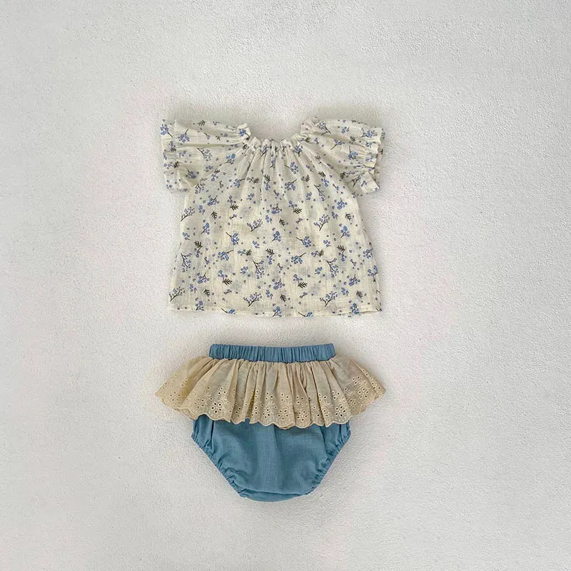 半袖セットアップ ベビーセットアップ 2点セット 半袖ブラウス+レースフリルブルマパンツ【mh0006522】