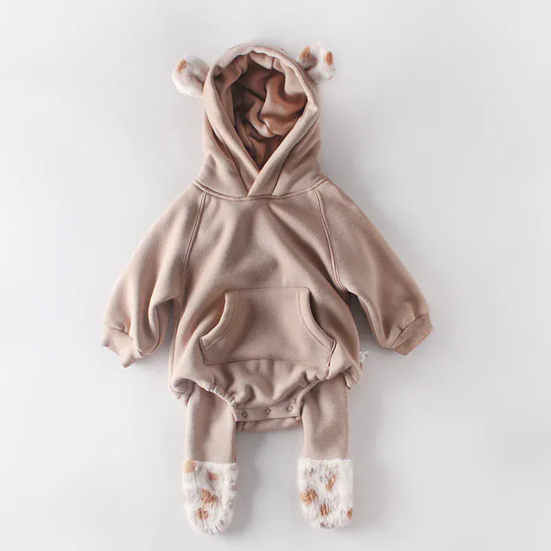 長袖ロンパース ベビーロンパース レオパードファー耳付きフーディボディスーツ 2カラー【mh0006993】