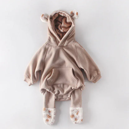 長袖ロンパース ベビーロンパース レオパードファー耳付きフーディボディスーツ 2カラー【mh0006993】