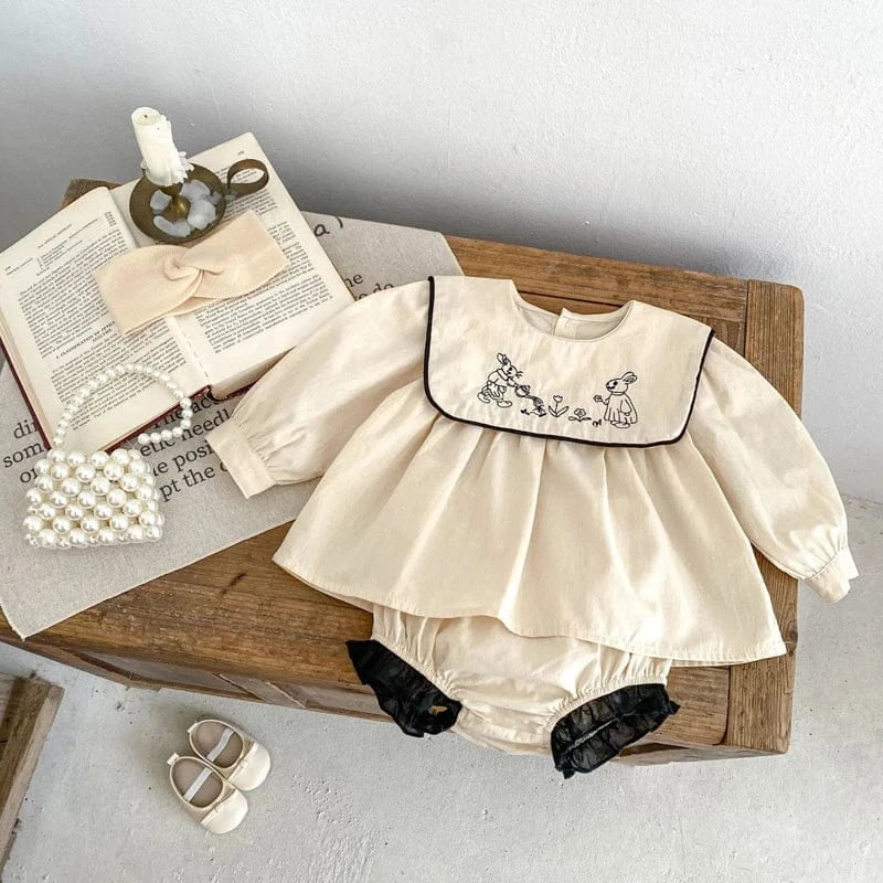 長袖セットアップ ベビーキッズセットアップ 2点セット うさぎ刺繍襟長袖チュニックブラウス+ブルマパンツ カーキ【mh0006995】