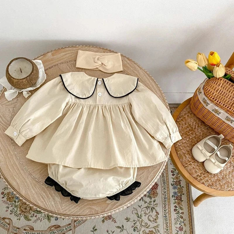 長袖セットアップ ベビーキッズセットアップ 2点セット うさぎ刺繍襟長袖チュニックブラウス+ブルマパンツ カーキ【mh0006995】