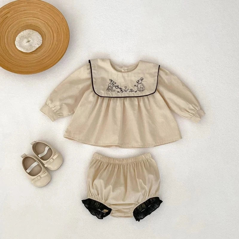 長袖セットアップ ベビーキッズセットアップ 2点セット うさぎ刺繍襟長袖チュニックブラウス+ブルマパンツ カーキ【mh0006995】