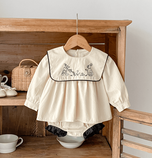 長袖セットアップ ベビーキッズセットアップ 2点セット うさぎ刺繍襟長袖チュニックブラウス+ブルマパンツ カーキ【mh0006995】