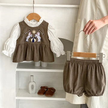 ノースリーブセットアップ ベビーキッズセットアップ 2点セット/トップス サーカス刺繍ノースリーブペプラムチュニック+バルーンショートパンツ/長袖バブルスリーブブラウス【mh0007172】