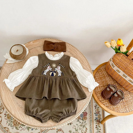 ノースリーブセットアップ ベビーキッズセットアップ 2点セット/トップス サーカス刺繍ノースリーブペプラムチュニック+バルーンショートパンツ/長袖バブルスリーブブラウス【mh0007172】