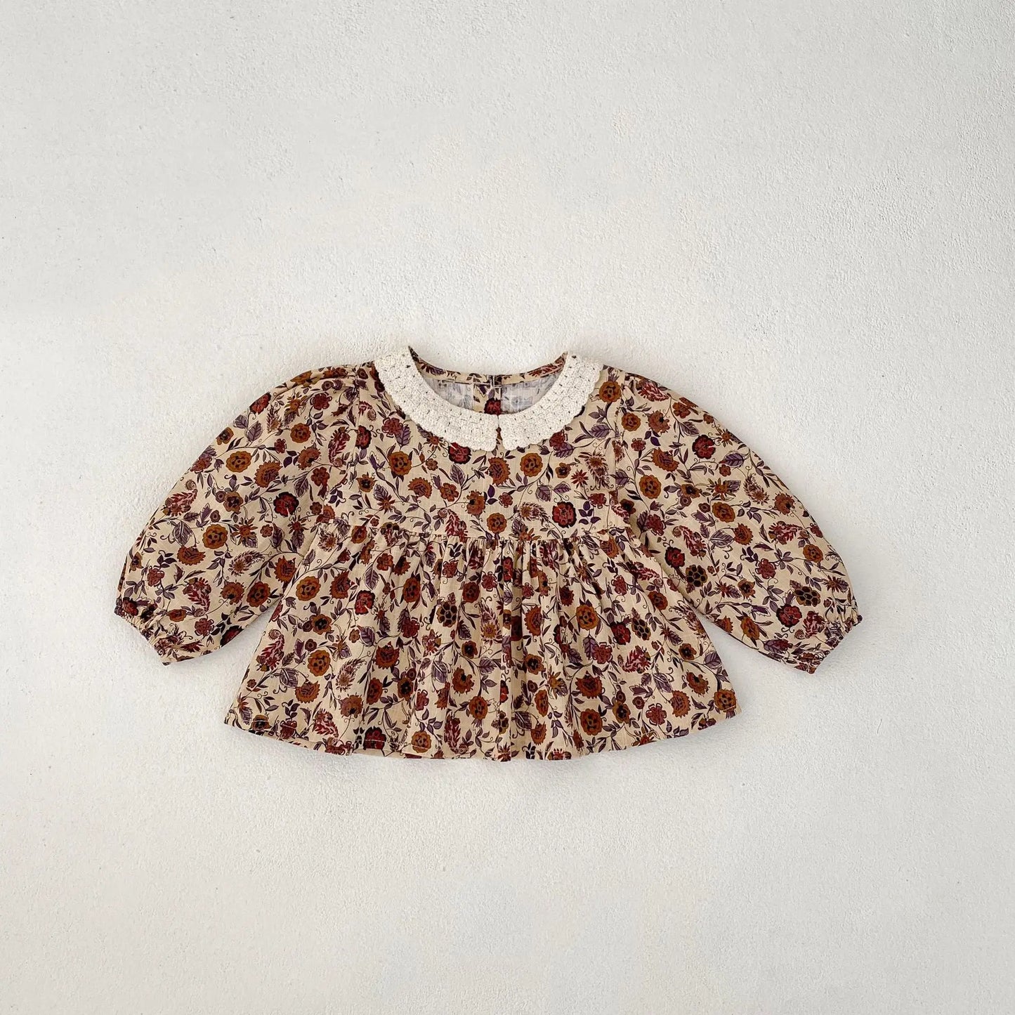 長袖セットアップ ベビーキッズセットアップ 2点セット レース襟シックフラワープリント長袖チュニックブラウス+バルーンショートパンツ【mh0007435】