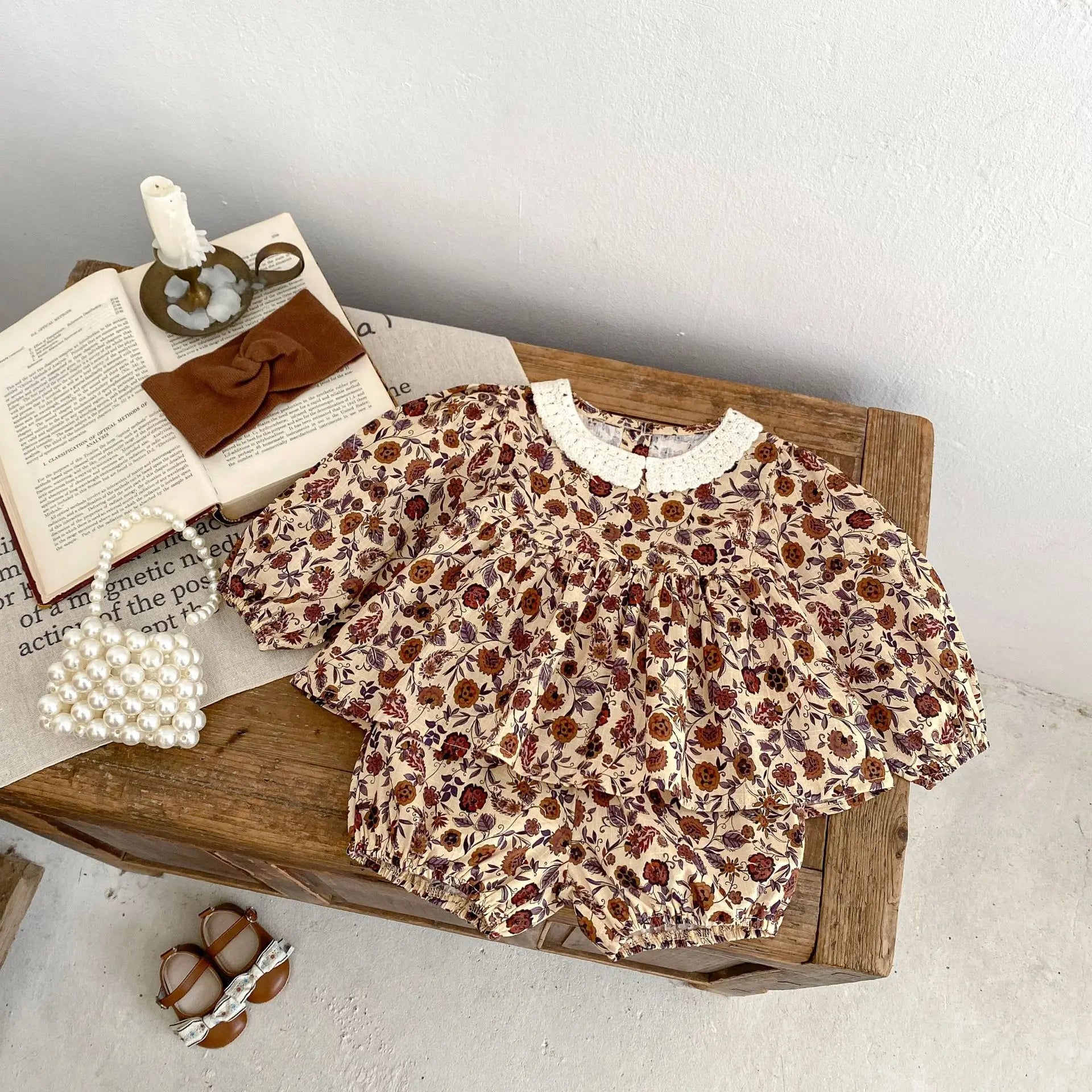 長袖セットアップ ベビーキッズセットアップ 2点セット レース襟シックフラワープリント長袖チュニックブラウス+バルーンショートパンツ【mh0007435】