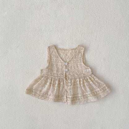 ロンパースセットアップ レースベスト+半袖パフスリーブロンパースセットアップ 2点セット【mh0010152】