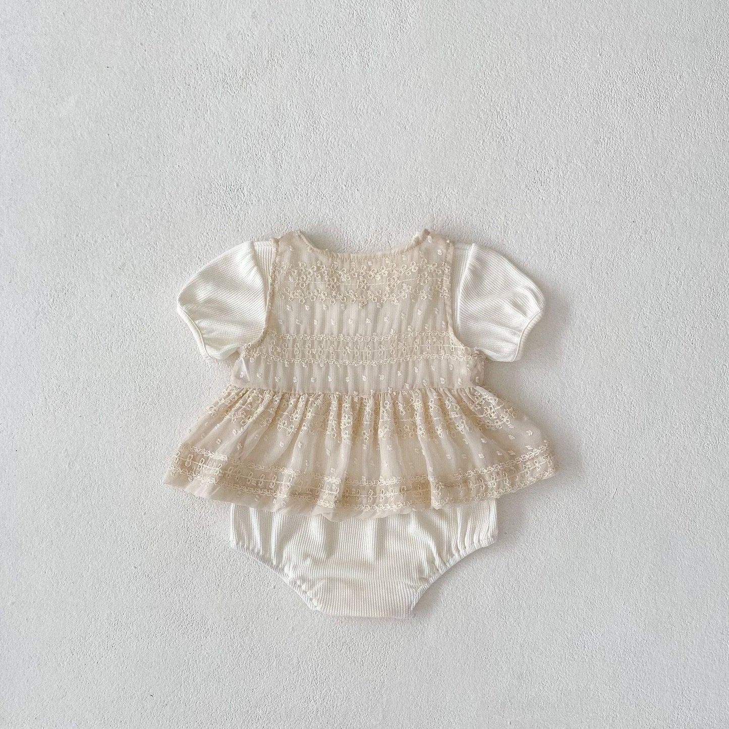 ロンパースセットアップ レースベスト+半袖パフスリーブロンパースセットアップ 2点セット【mh0010152】