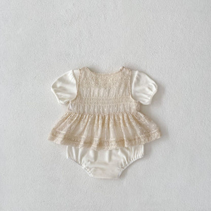 ロンパースセットアップ レースベスト+半袖パフスリーブロンパースセットアップ 2点セット【mh0010152】