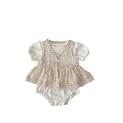 ロンパースセットアップ レースベスト+半袖パフスリーブロンパースセットアップ 2点セット【mh0010152】