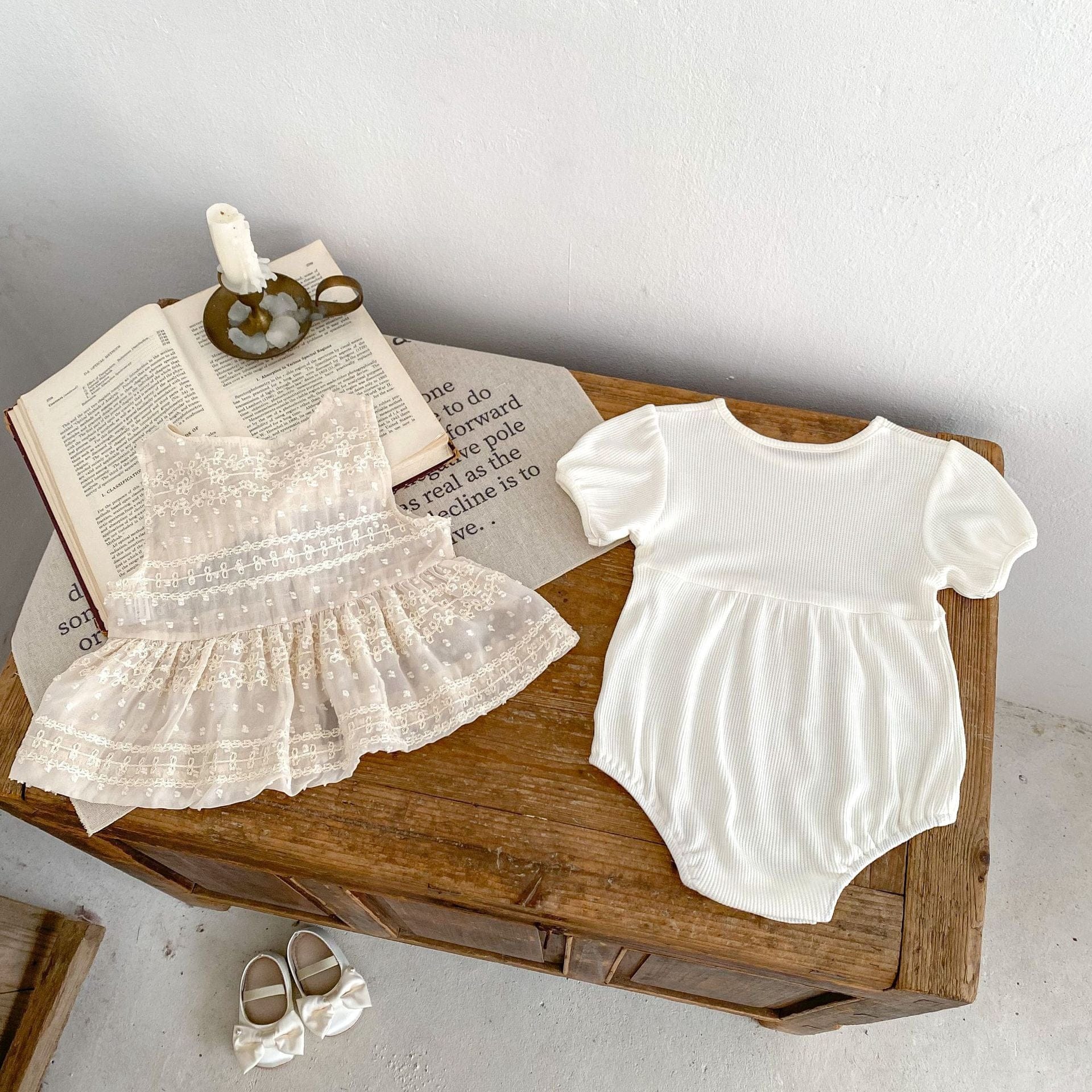 ロンパースセットアップ レースベスト+半袖パフスリーブロンパースセットアップ 2点セット【mh0010152】