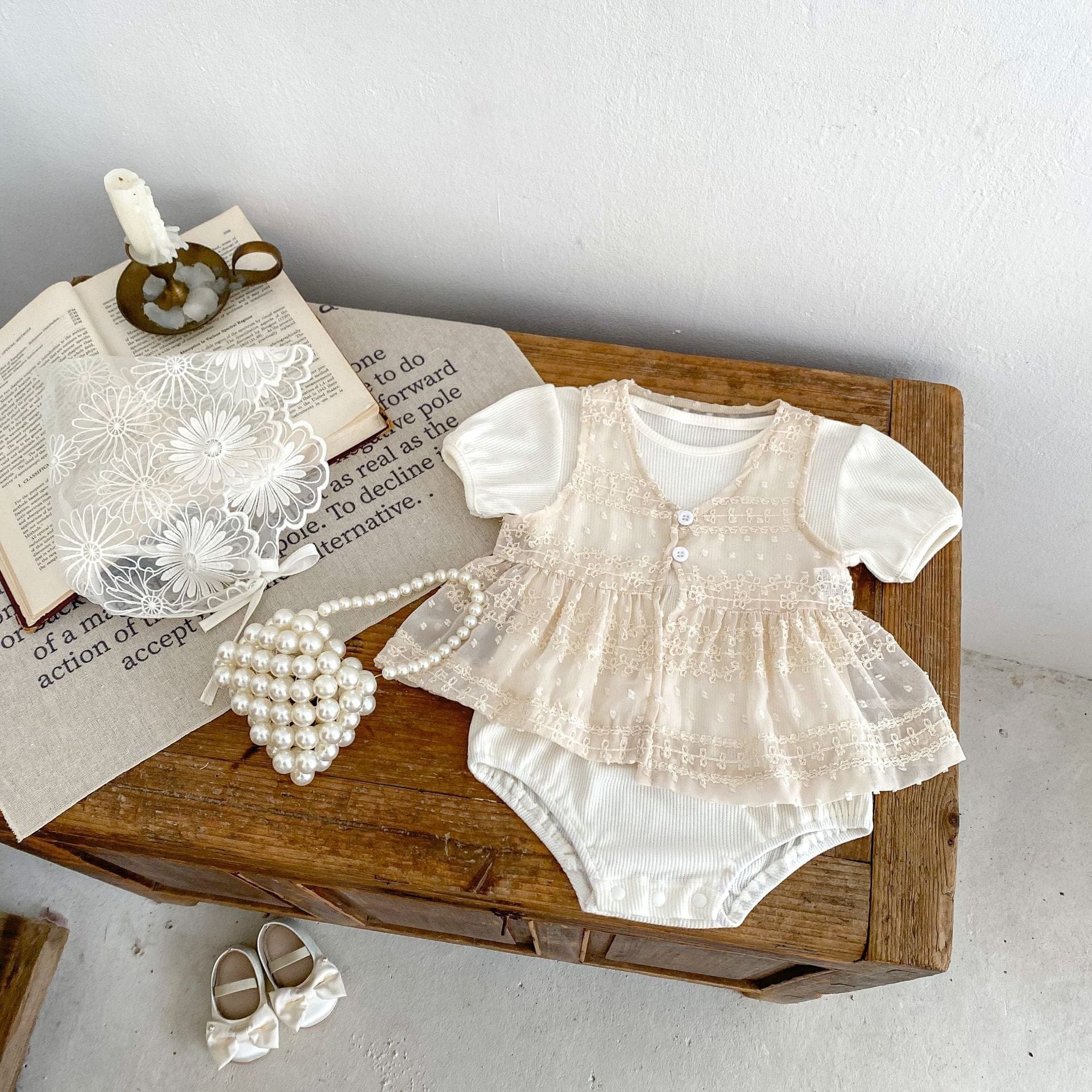 ロンパースセットアップ レースベスト+半袖パフスリーブロンパースセットアップ 2点セット【mh0010152】