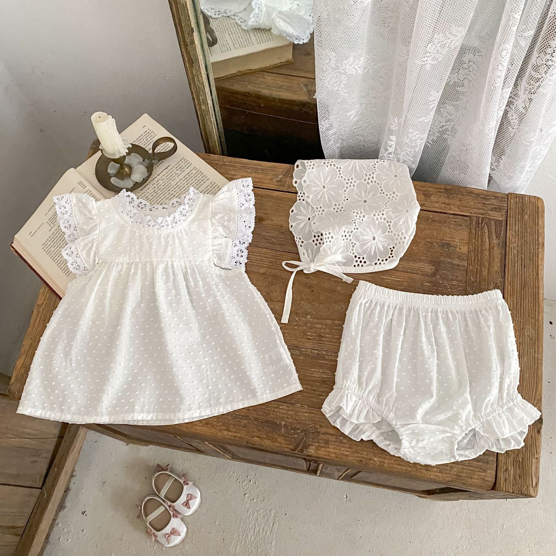 半袖セットアップ エンボスドットレースチュニックブラウス+ブルマパンツセットアップ 2点セット【mh0010153】