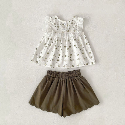 ノースリーブセットアップ フラワープリントノースリーブブラウス+ショートパンツセットアップ 2点セット【mh0010155】