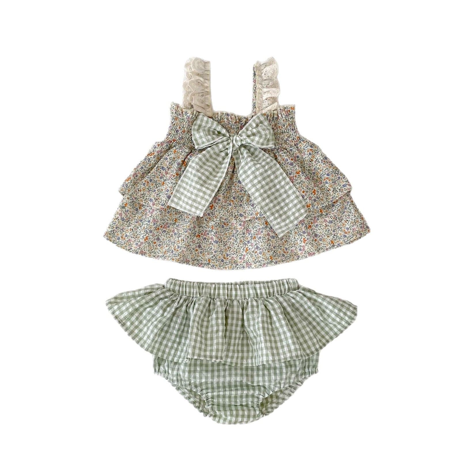 ノースリーブセットアップ ビッグリボンキャミソールブラウス+フリルブルマパンツセットアップ 2点セット【mh0010157】