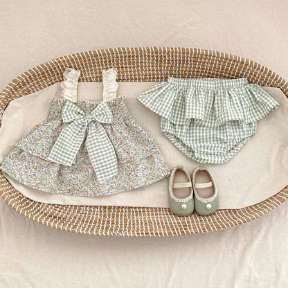 ノースリーブセットアップ ビッグリボンキャミソールブラウス+フリルブルマパンツセットアップ 2点セット【mh0010157】