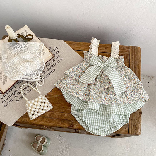 ノースリーブセットアップ ビッグリボンキャミソールブラウス+フリルブルマパンツセットアップ 2点セット【mh0010157】