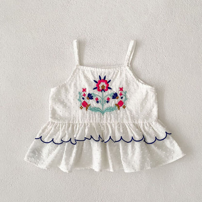 ノースリーブセットアップ ボヘミアン刺繍キャミソールトップス+フリルショートパンツセットアップ 2点セット【mh0010161】