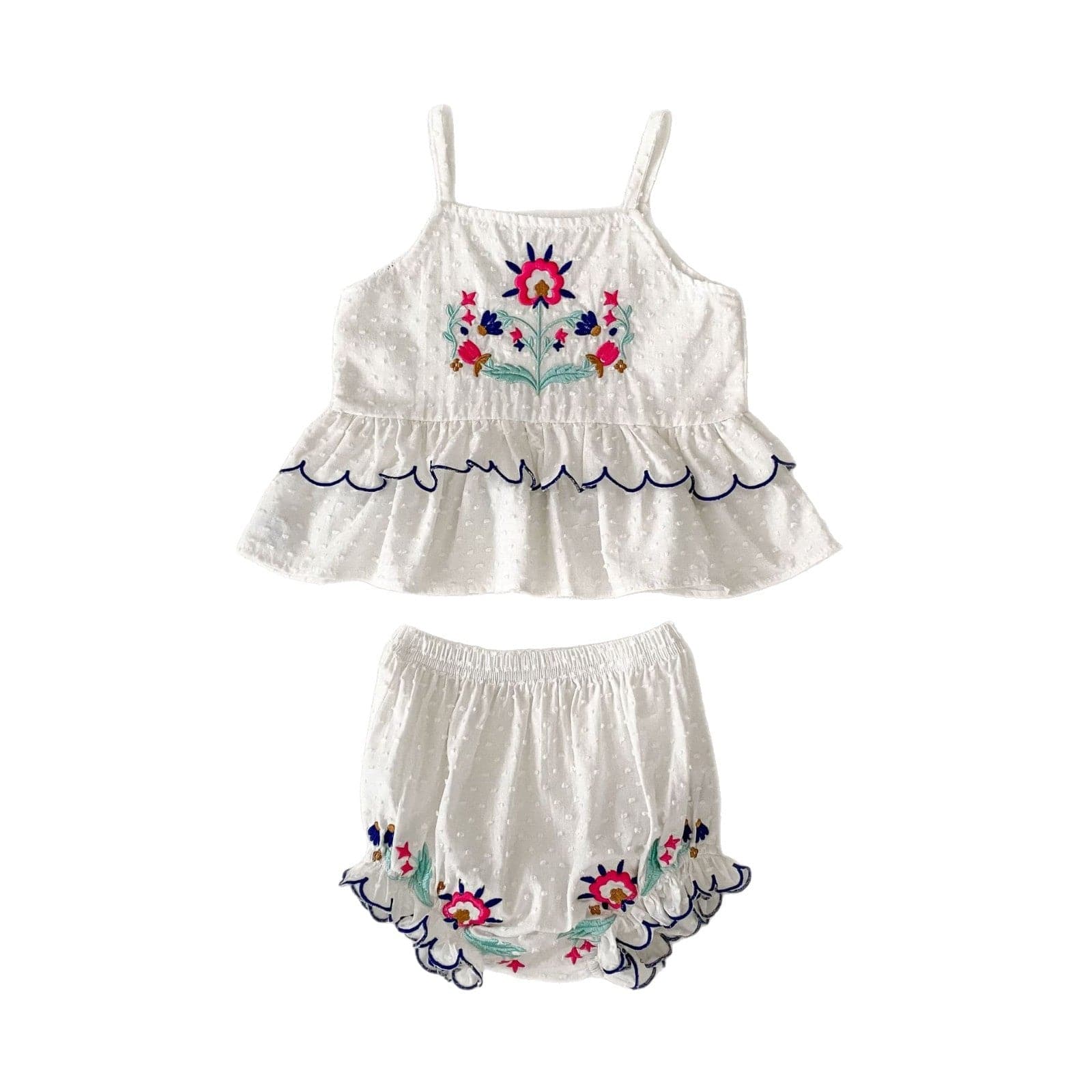 ノースリーブセットアップ ボヘミアン刺繍キャミソールトップス+フリルショートパンツセットアップ 2点セット【mh0010161】