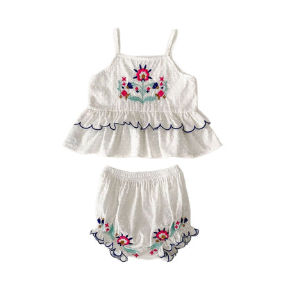 ノースリーブセットアップ ボヘミアン刺繍キャミソールトップス+フリルショートパンツセットアップ 2点セット【mh0010161】