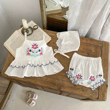 ノースリーブセットアップ ボヘミアン刺繍キャミソールトップス+フリルショートパンツセットアップ 2点セット【mh0010161】