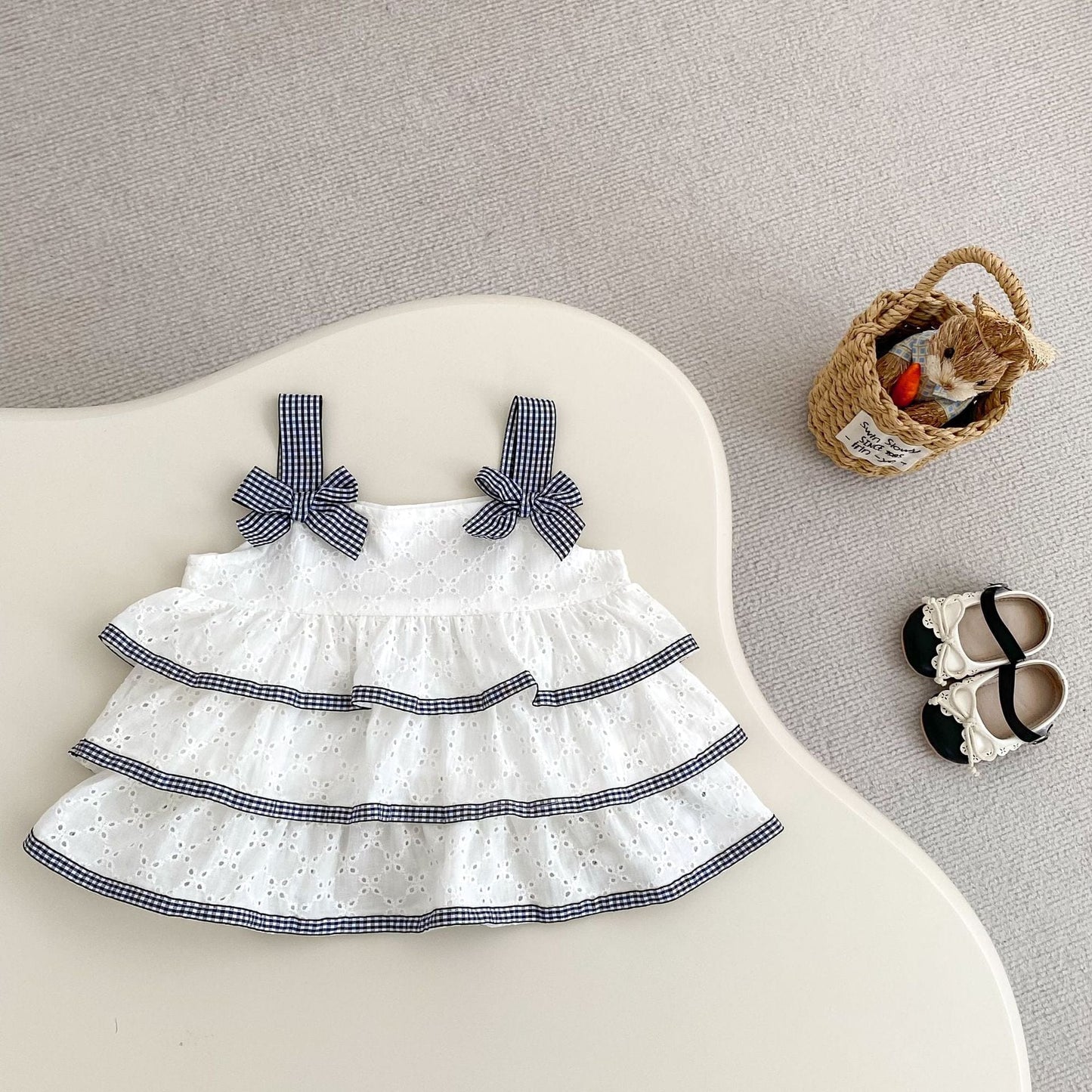 ノースリーブセットアップ チェックリボンティアードフリルチュニックブラウス+ブルマパンツセットアップ 2点セット【mh0010177】