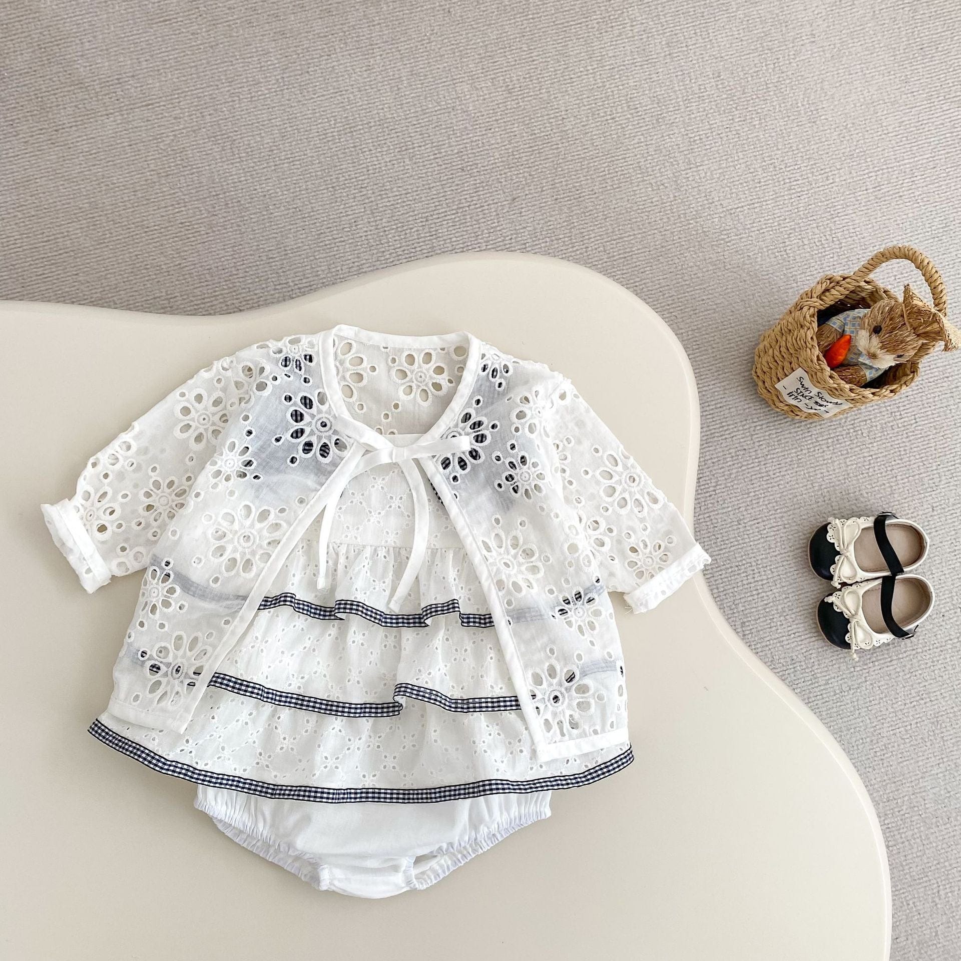 ノースリーブセットアップ チェックリボンティアードフリルチュニックブラウス+ブルマパンツセットアップ 2点セット【mh0010177】