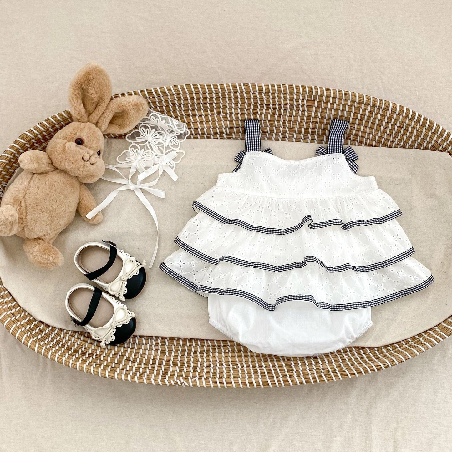 ノースリーブセットアップ チェックリボンティアードフリルチュニックブラウス+ブルマパンツセットアップ 2点セット【mh0010177】