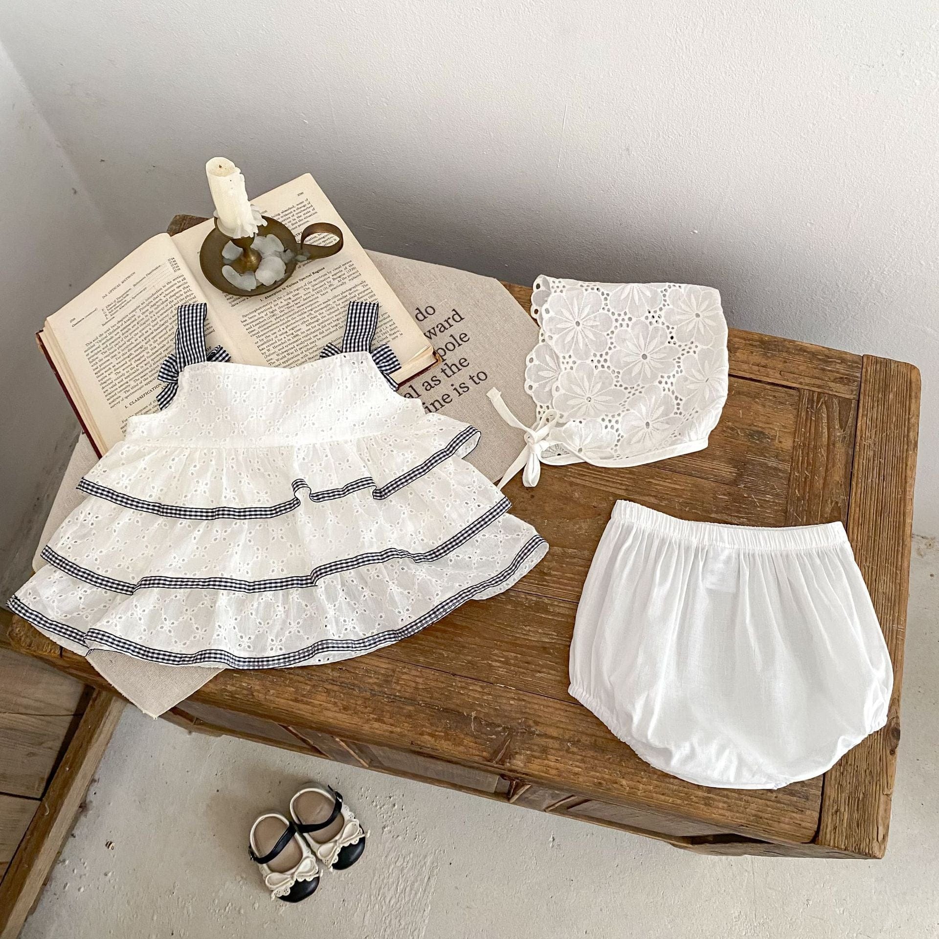 ノースリーブセットアップ チェックリボンティアードフリルチュニックブラウス+ブルマパンツセットアップ 2点セット【mh0010177】