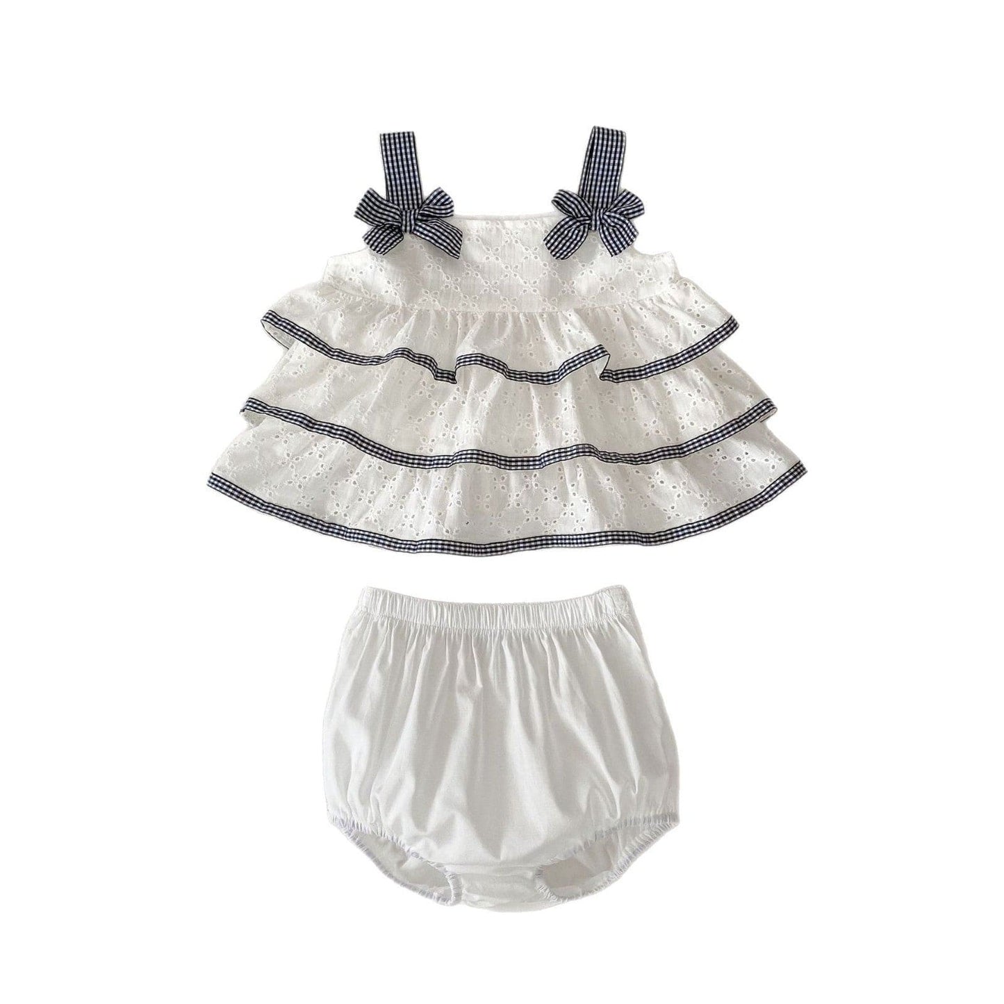 ノースリーブセットアップ チェックリボンティアードフリルチュニックブラウス+ブルマパンツセットアップ 2点セット【mh0010177】