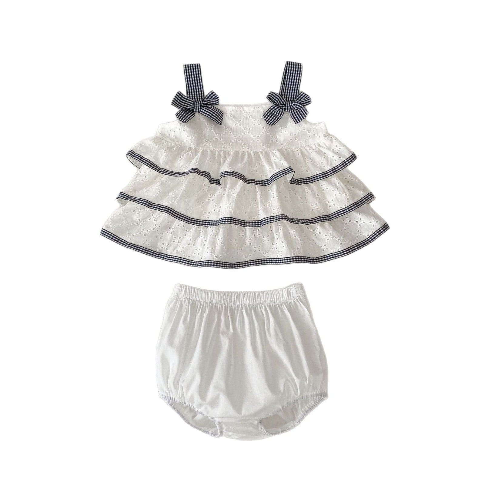 ノースリーブセットアップ チェックリボンティアードフリルチュニックブラウス+ブルマパンツセットアップ 2点セット【mh0010177】