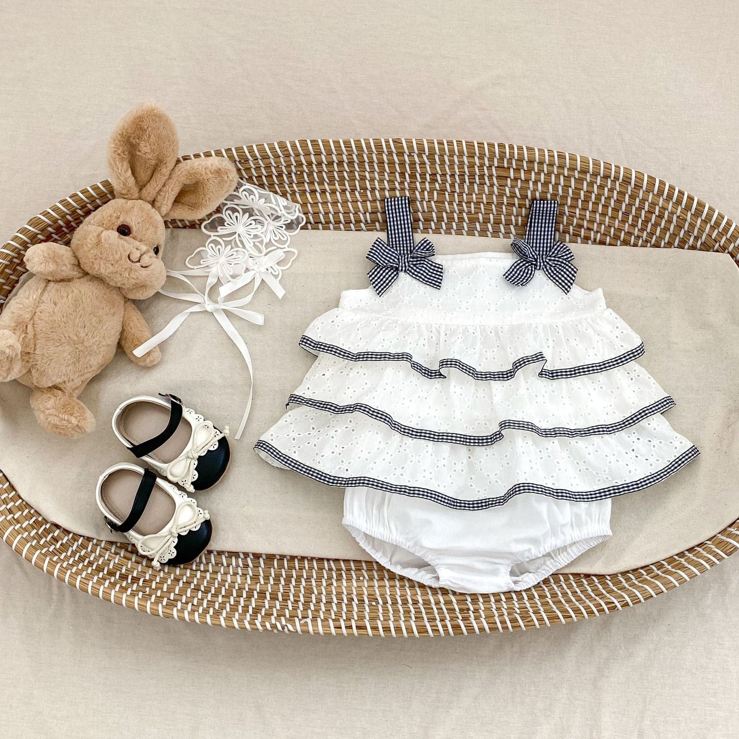 ノースリーブセットアップ チェックリボンティアードフリルチュニックブラウス+ブルマパンツセットアップ 2点セット【mh0010177】