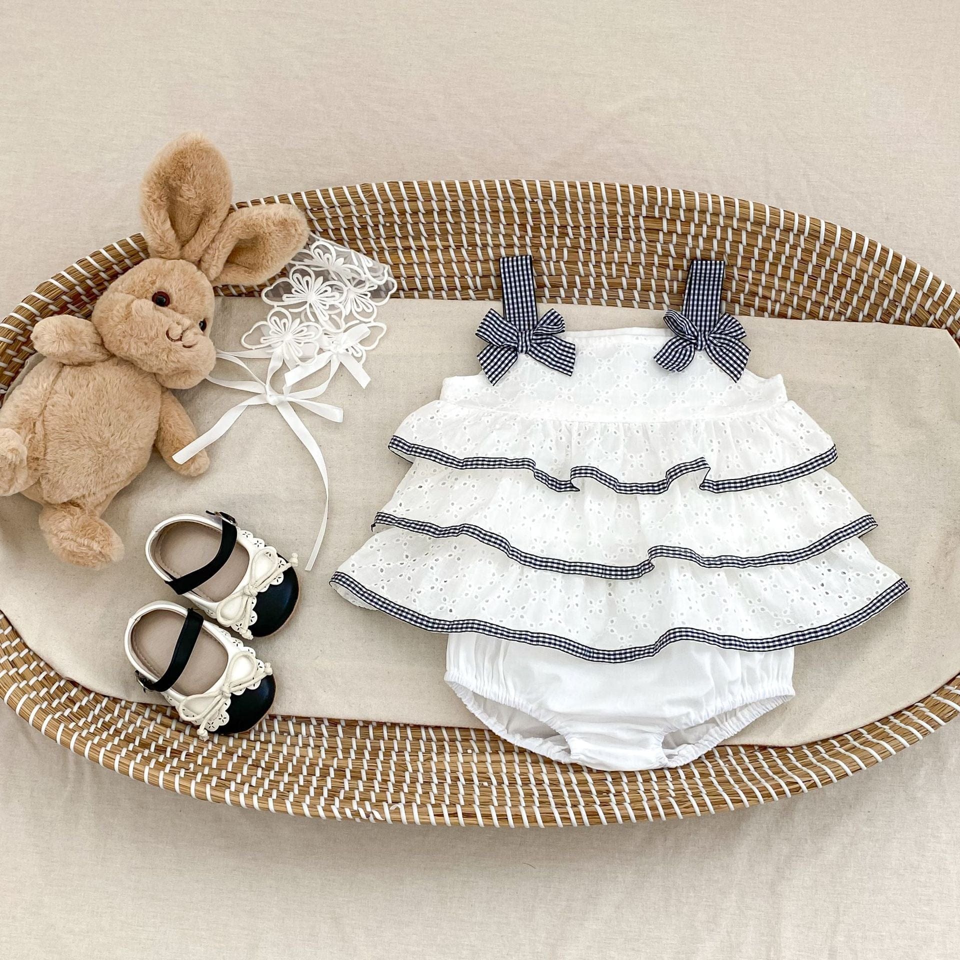 ノースリーブセットアップ チェックリボンティアードフリルチュニックブラウス+ブルマパンツセットアップ 2点セット【mh0010177】