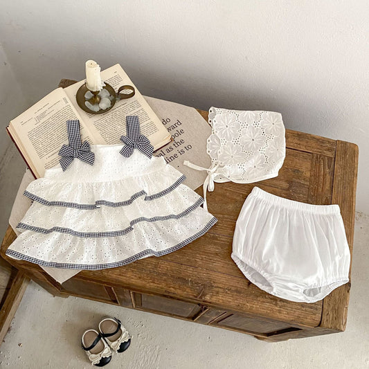 ノースリーブセットアップ チェックリボンティアードフリルチュニックブラウス+ブルマパンツセットアップ 2点セット【mh0010177】