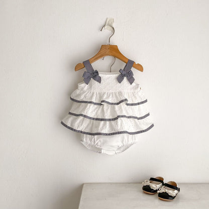 ノースリーブセットアップ チェックリボンティアードフリルチュニックブラウス+ブルマパンツセットアップ 2点セット【mh0010177】