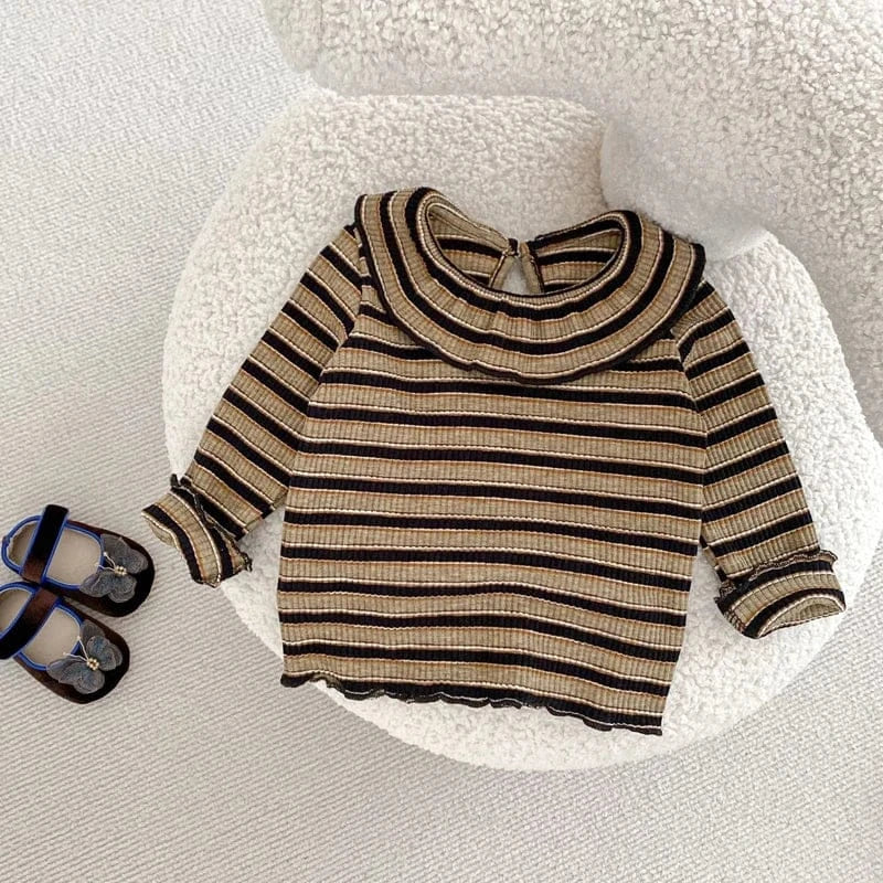 長袖セットアップ ベビーセットアップ 2点セット レトロボーダーフリルサークル襟長袖Tシャツ+ロングパンツ【mh0006983】