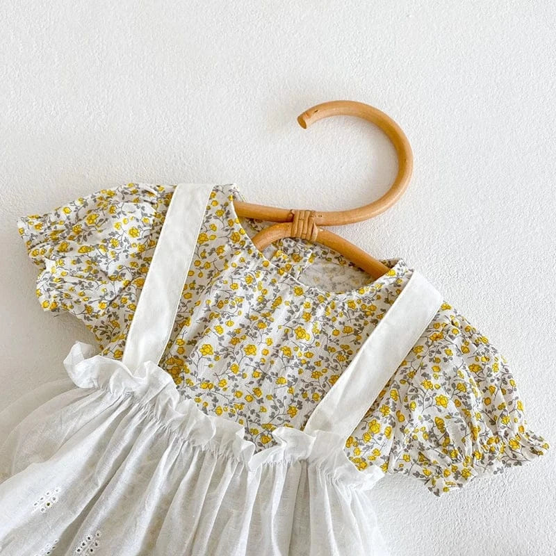 半袖ロンパース ベビーセットアップ 3点セット 半袖ボディスーツ+レースエプロンスカート+ボンネット帽子【mh0006238】