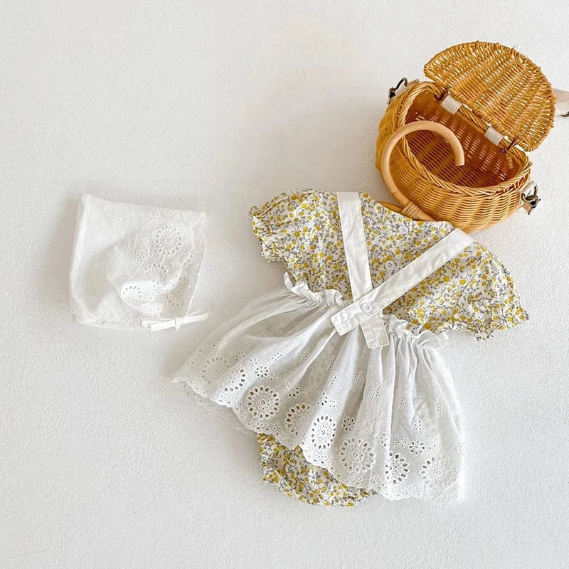 半袖ロンパース ベビーセットアップ 3点セット 半袖ボディスーツ+レースエプロンスカート+ボンネット帽子【mh0006238】