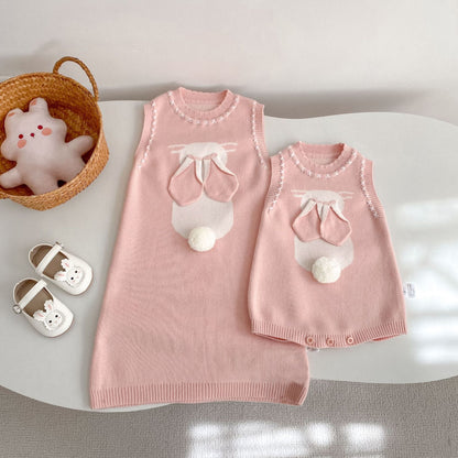 ノースリーブロンパース 3D Bunny Knit Vest & Romper Set 立体 うさぎ ニット ベスト ロンパース【mh0012169】