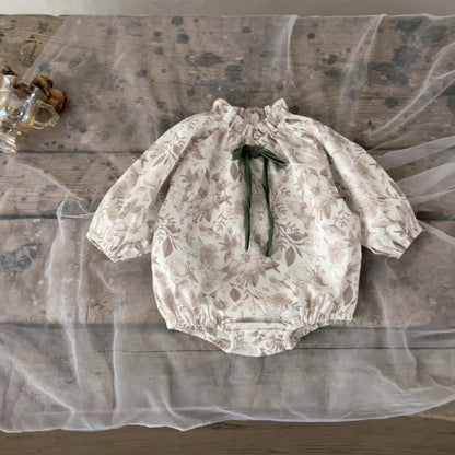 長袖ロンパース Apricot / 66cm 0-6m ベビーロンパース ボタニカルフラワープリント長袖ボディスーツ【mh0007098】