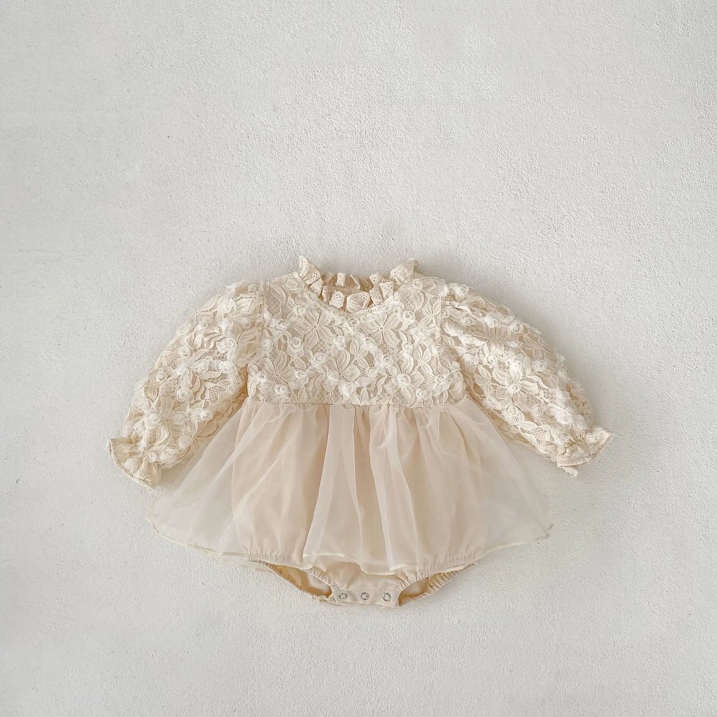 長袖ロンパース Apricot / 66cm 0-6m ベビーロンパース スタンドフリルカラーチュチュスカートドッキング長袖ドレスロンパース アプリコット【mh0007114】