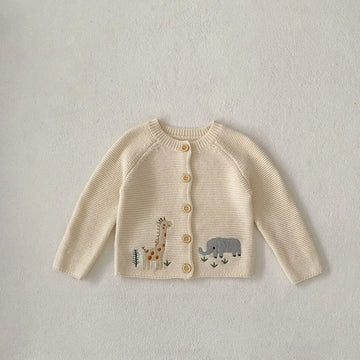 カーディガン・パーカー Apricot / 66cm 0-6m ベビーカーディガン アニマルキリンぞう刺繍ニットジャケット アプリコット【mh0007378】