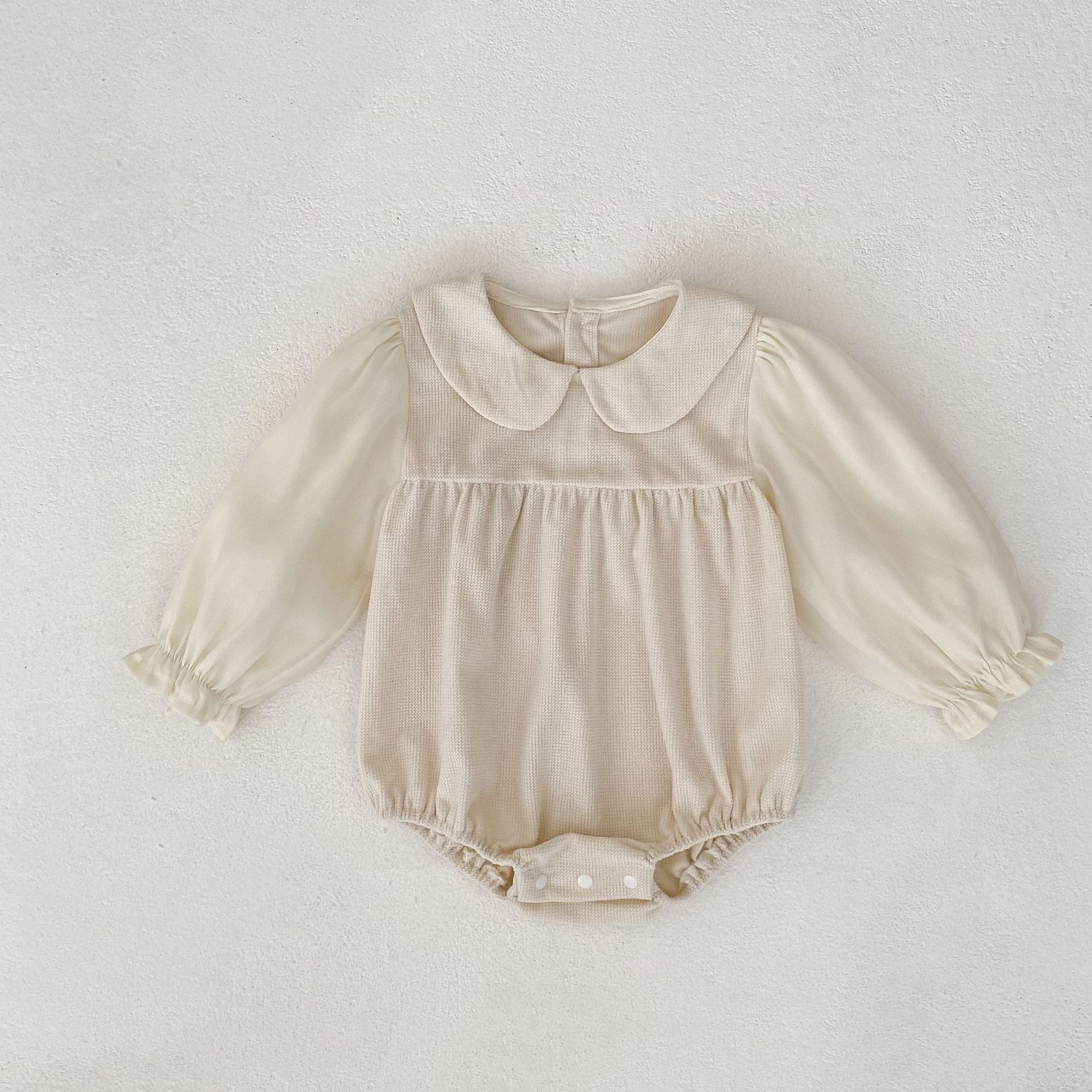 長袖ロンパース Apricot / 66cm 丸襟ドッキング長袖ロンパース【mh0010504】